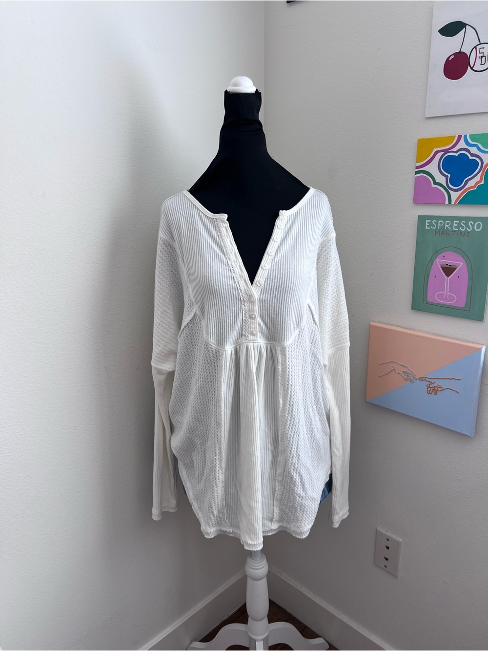 Free People White Waffle Knit Oversized Henley Tunic Top – Size M